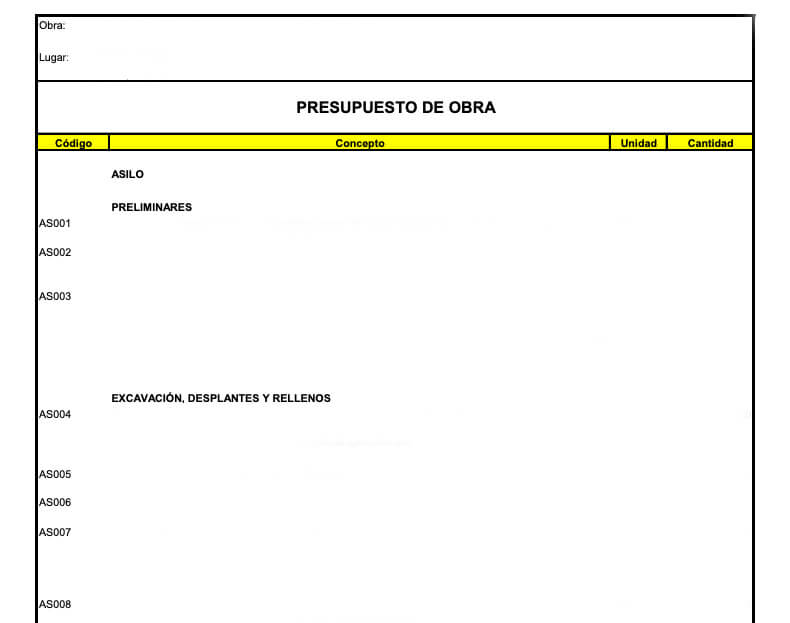 Ejemplo de presupuesto para obra