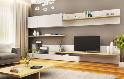 Repisa flotante moderna de madera sosteniendo un televisor