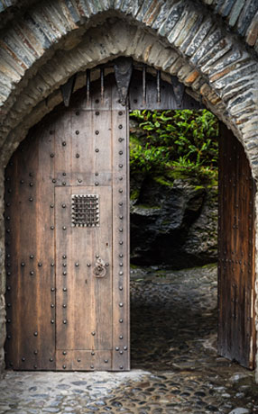 Puerta de madera doble con arco en parte superior