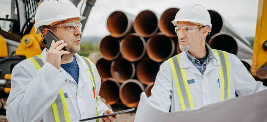 Ingenieros con equipo de seguridad revisando los planos de una obra en el sitio de una construcción