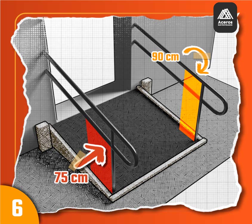 Vector que muestra las medidas del barandal para la rampa para discapacitados acordes a la normativa mexicana